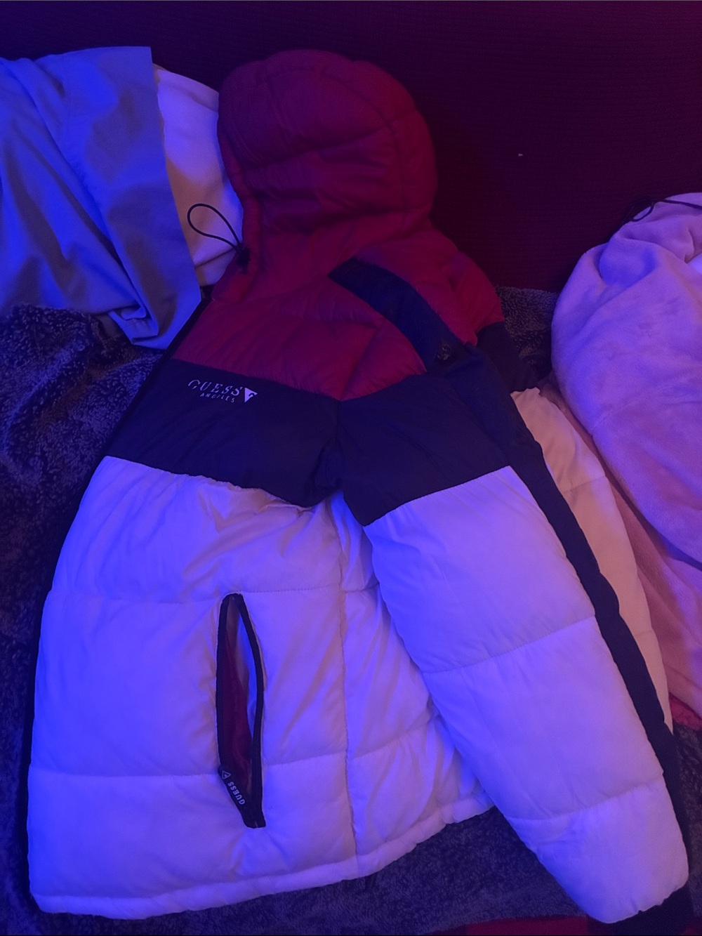 GUESS Red, Black & White Colorblock Puffer Jacket
